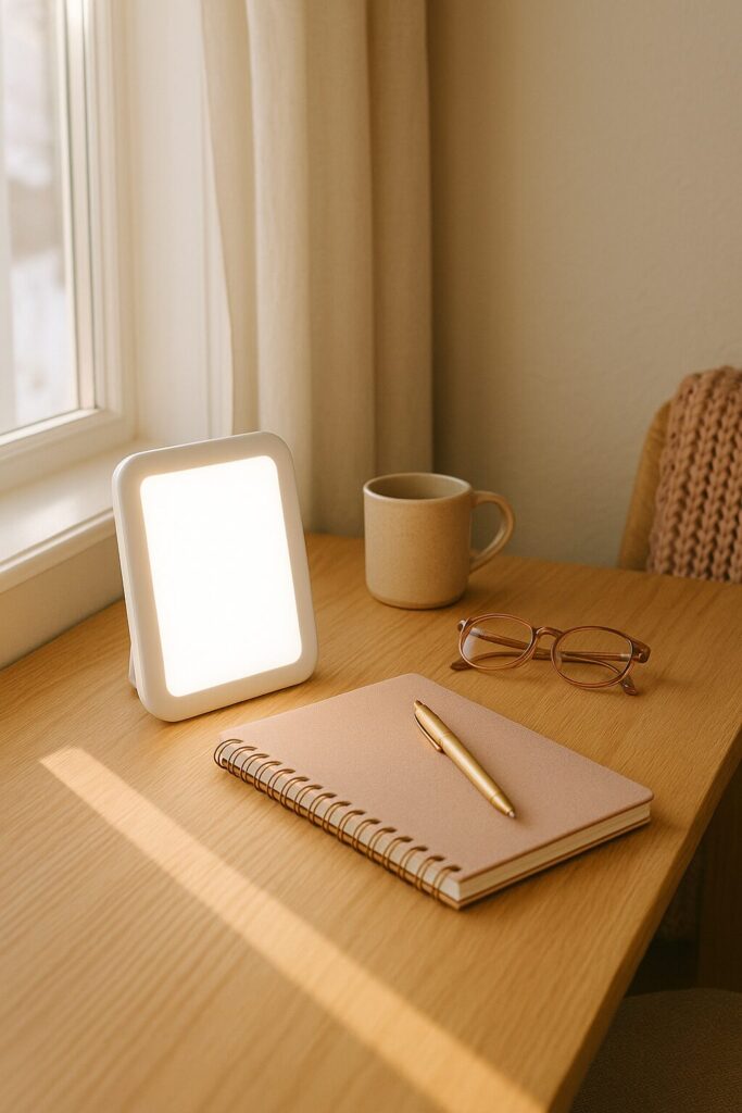 Natural light coming into a bedroom with a table and journal