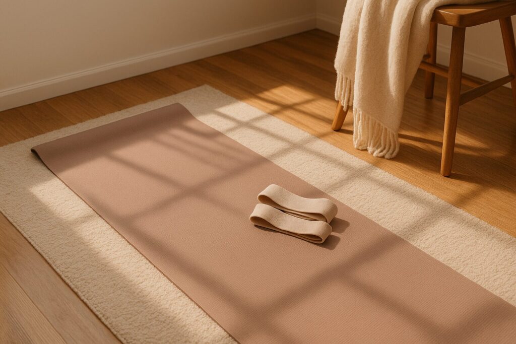 Corner of the room with bands and a yoga mat